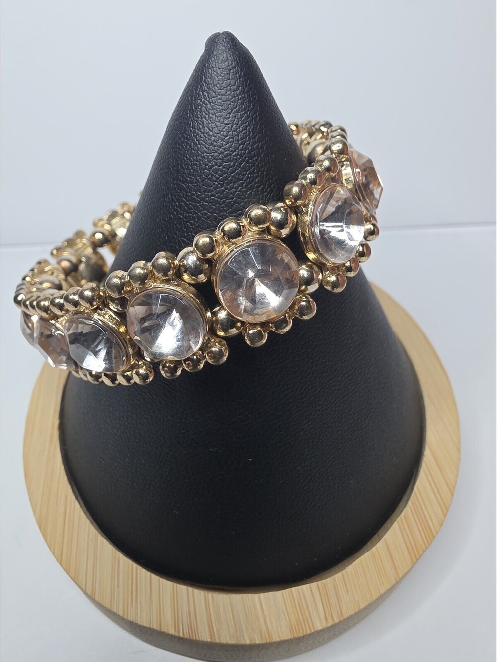 Vintage Gold Tone Bezel Set Crystal Rhinestone Statement Stretch Bracelet